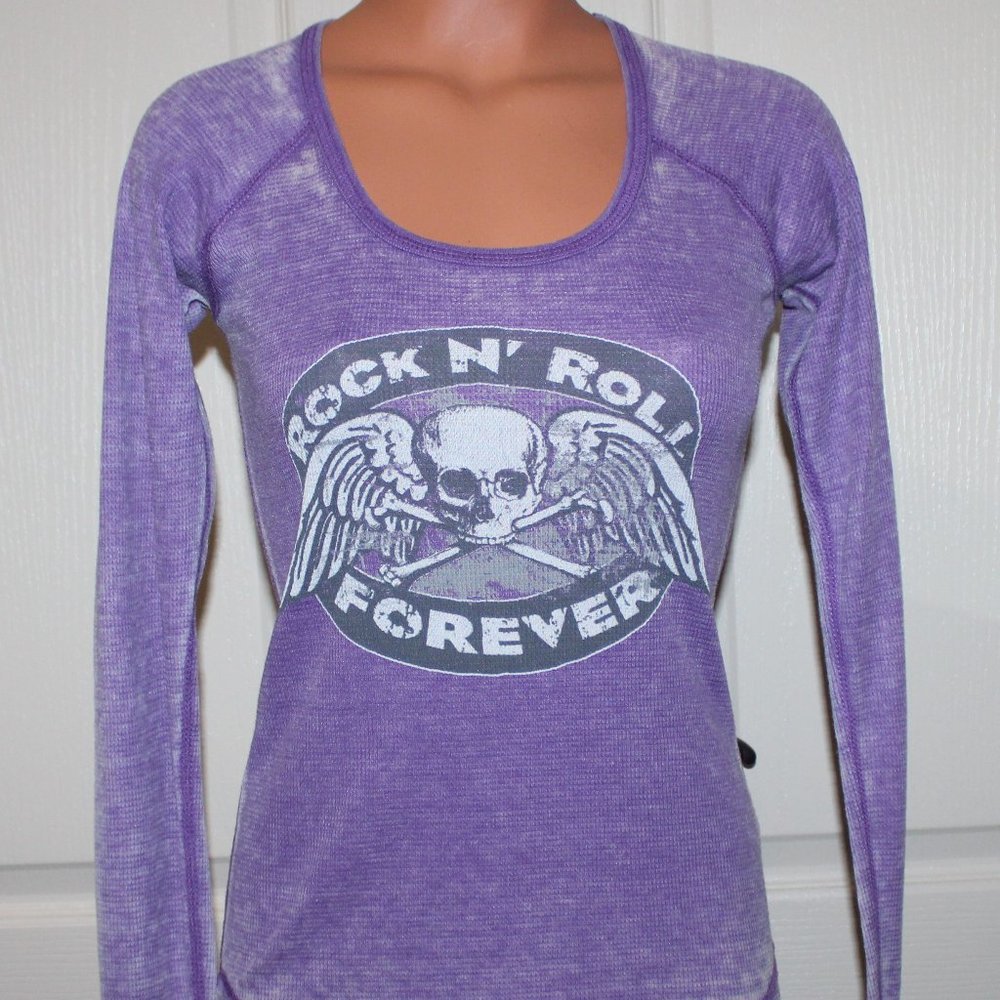 LIKE NEW! Butter Super Soft Purple Rock N Roll Skull Burnout Thermal Top